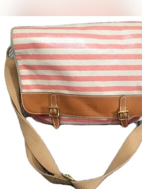 Fossil Pink and Cream Striped Canvas Crossbody Tan Leather Trim Messenger Bag